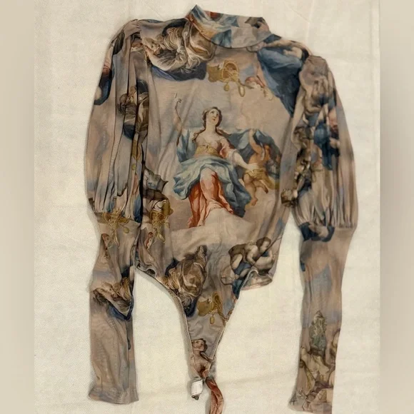 Fashion Nova Renaissance Print Mesh Bodysuit | Sheer Long Sleeve | Size M - Picture 3 of 4